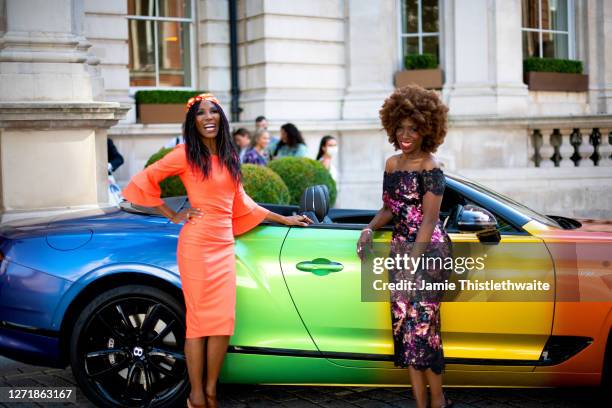 Sinitta and Heather Small pose with the rainbow Bentley during the "Henpire" podcast launch event at Langham Hotel on September 10, 2020 in London,...