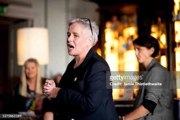 Pippa Dale introduces the Cast and Crew panel during the "Henpire" podcast launch event at Langham Hotel on September 10, 2020 in London, England.