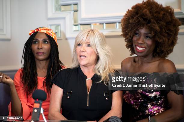 Heather Small, Samantha Fox and Sinitta record an interview during the "Henpire" podcast launch event at Langham Hotel on September 10, 2020 in...