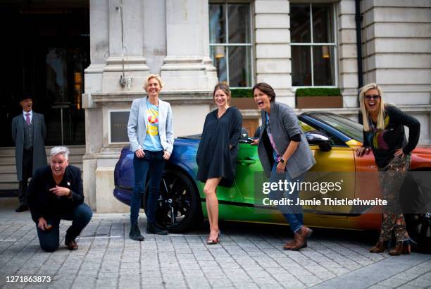 Jacquie Lawrence, Heather Peace, Patricia Potter, Samantha Grierson and Pippa Dale pose with the rainbow Bentley during the "Henpire" podcast launch...