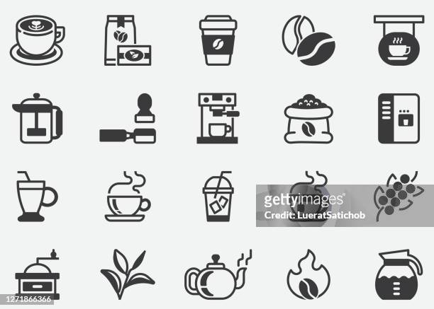 coffee and tea.coffee cafe vector line icon set.contains such icons as hot coffee.coffee machine.pixel perfect icons - caffeine stock illustrations