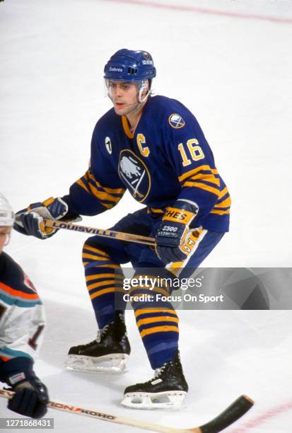 Pat LaFontaine of the Buffalo Sabers skates during an NHL Hockey game circa 1996. LaFontaine's playing career went from 1983-98.