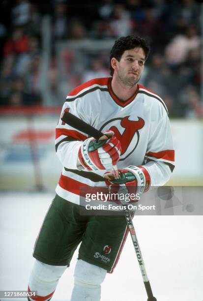 Brendan Shanahan of the New Jersey Devils warms up prior to the start of an NHL Hockey game circa 1990 at the Brendan Byrne Arena in East Rutherford,...