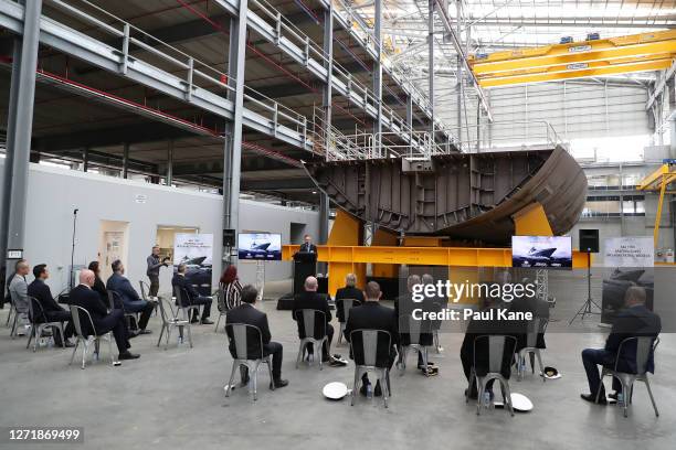 General view is seen as invited guests look on during a keel laying ceremony for the first Offshore Patrol Vessel 'Pilbara' on September 11, 2020 in...
