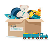 Charitable toys donation for kids. Toys donations box isolated on white background
