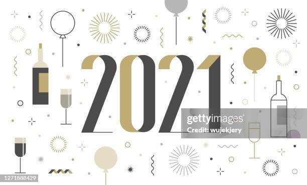 new year's card 2021 with fireworks, confetti, modern design - midnight stock illustrations