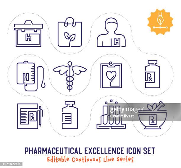 pharmaceutical excellence editable continuous line icon pack - pharmacy stock illustrations