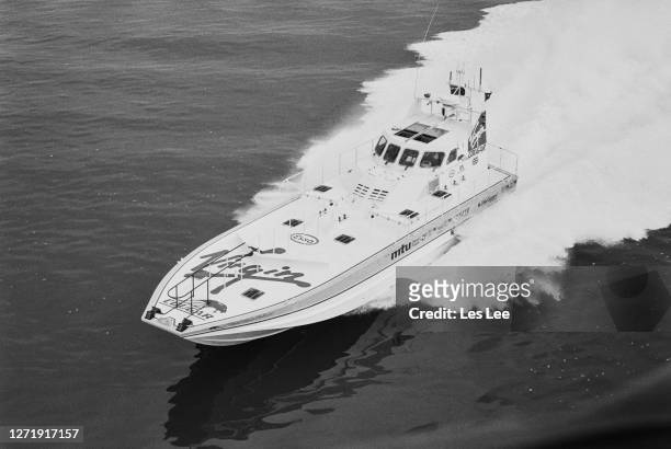 The Virgin Atlantic Challenger, Richard Branson's new speedboat, 20th June 1985. It made on attempt on the Blue Riband challenge trophy later that...