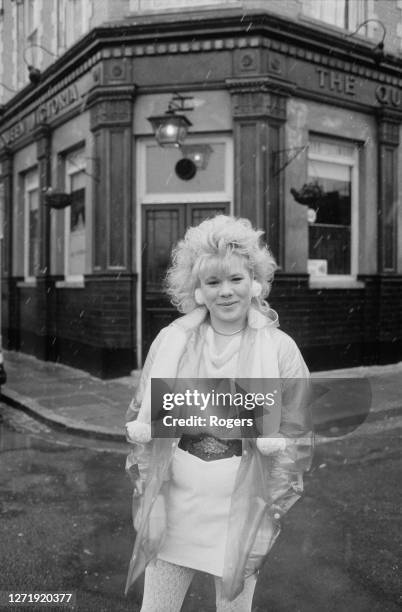 British actress Letitia Dean, who plays the character Sharon Watts in the new British soap opera 'Eastenders', UK, 10th February 1985. She is posing...
