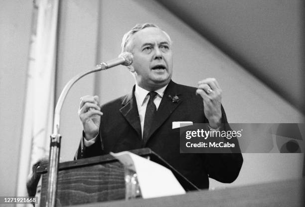 British Prime Minister Harold Wilson speaks at the Labour Party Conference in Blackpool, UK, 1965.
