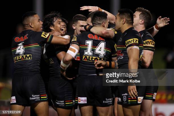 Jarome Luai of the Panthers celebrates scoring a try during the round 18 NRL match between the Penrith Panthers and the Parramatta Eels at Panthers...