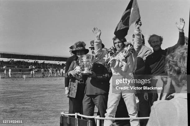 Brazilian racing driver Emerson Fittipaldi wins the John Player British Grand Prix at Brands Hatch, England, 15th July 1972.