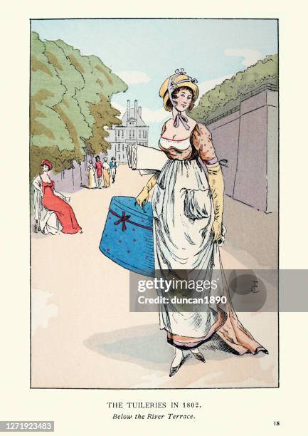 women's fashion early 19th century, high-waisted dress, bonnet, hat box - jardin des tuileries stock illustrations