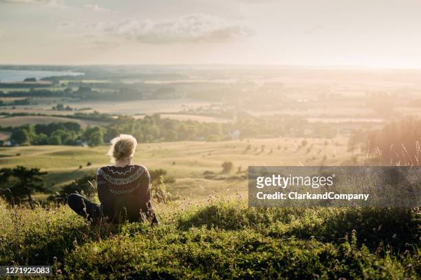 portret van een rijpe vrouw die uit over het platteland kijkt. - natuur stockfoto's en -beelden