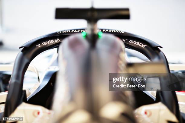 The halo on the car of Daniil Kvyat of Russia and Scuderia AlphaTauri is pictured in the garage during practice ahead of the F1 Grand Prix of Tuscany...