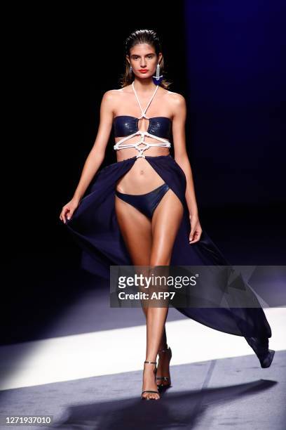 Model walks the runway at the Dolores Cortes fashion show during Mercedes Benz Fashion Week Madrid Spring/Summer 2021 at Ifema on September 11, 2020...