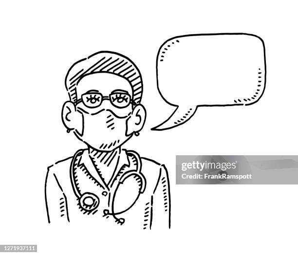 weibliche arzt gesicht maske sprechen zeichnung - doctor speech bubble stock-grafiken, -clipart, -cartoons und -symbole