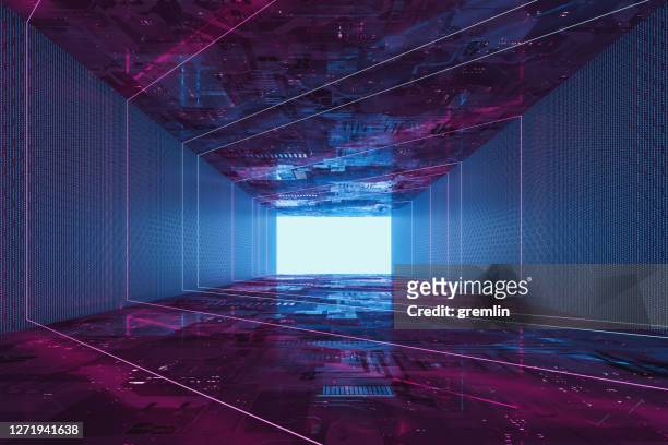 leerer futuristischer neonkorridor - textfreiraum stock-fotos und bilder