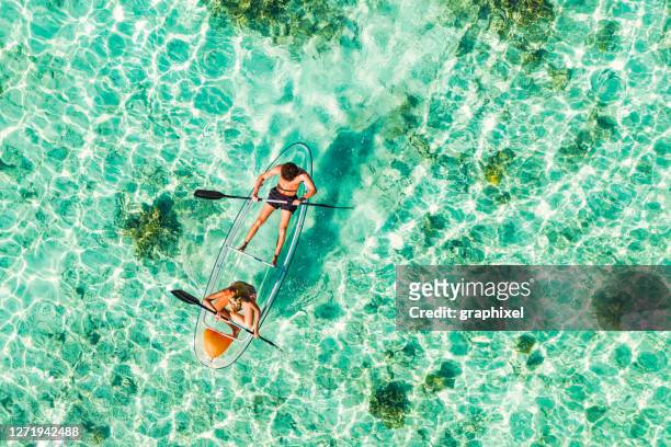 young couple paddling on glass bottom kayak in tropical ocean - kayak stock pictures, royalty-free photos & images