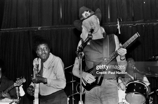 American Blues musicians Albert Collins and Johnny Winter perform onstage at Park West, Chicago, Illinois, February 10, 1984.