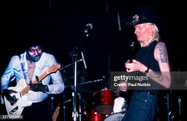 American Blues musicians Albert Collins and Johnny Winter perform onstage at Park West, Chicago, Illinois, February 10, 1984.