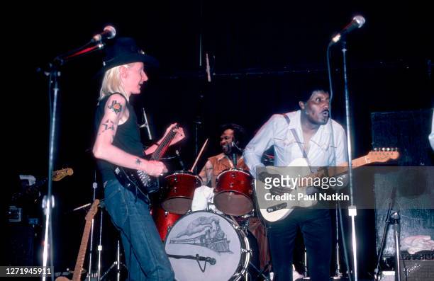 American Blues musicians Johnny Winter and Albert Collins perform onstage at Park West, Chicago, Illinois, February 10, 1984.