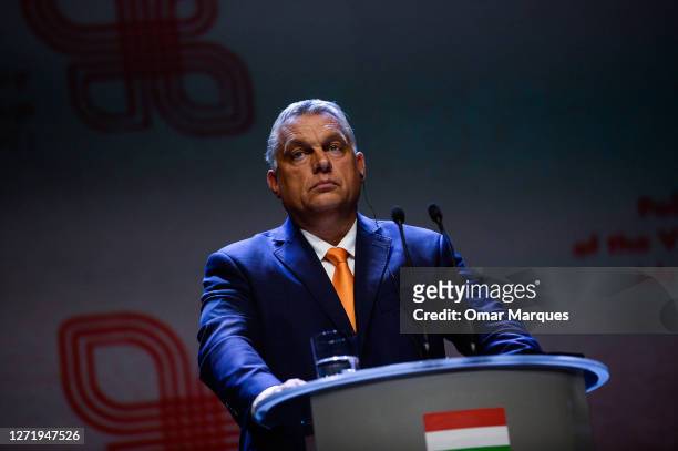 The Prime Minister of Hungary, Viktor Orban takes part on a press conference during the Visegrad Summit at the Centre for the Meetings of Culture on...
