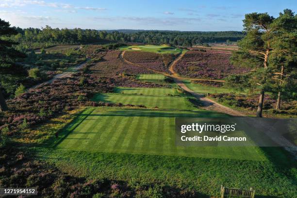 An aerial view from the tee on the 183 yards par 3, seventh hole at Hankley Common Golf Club on September 10, 2020 in Tilford, England.