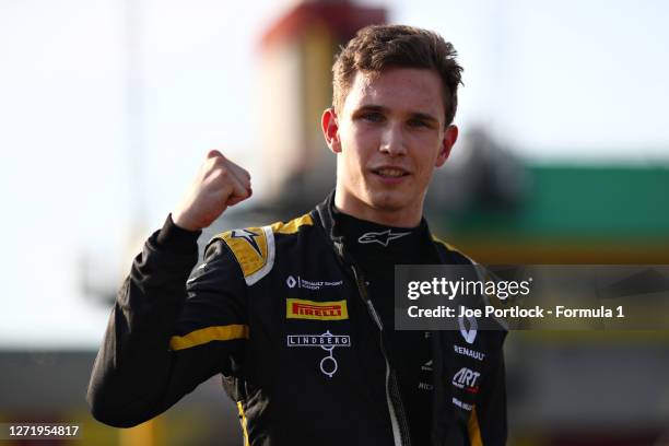 Pole position qualifier Christian Lundgaard of Denmark and ART Grand Prix celebrates in parc ferme during qualifying for the Formula 2 Championship...