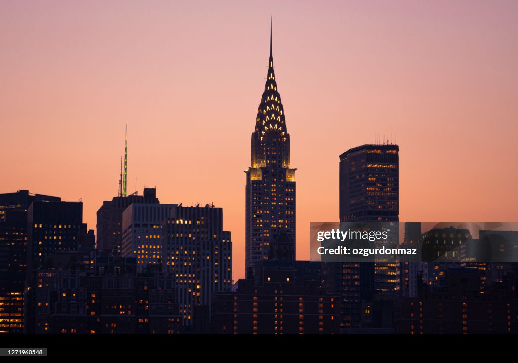 Chrysler Building Illuminated at Sunset, New York City Skyline