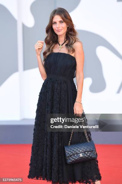 Weronika Rosati walks the red carpet ahead of the movie "Nomadland" at the 77th Venice Film Festival on September 11, 2020 in Venice, Italy.