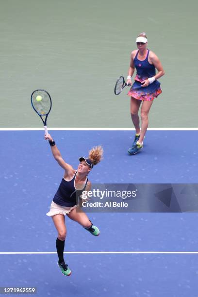 Laura Siegemund of Germany and Vera Zvonareva of Russia return the ball during their Women's Doubles final match against Nicole Melichar of the...