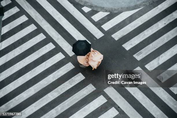 woman dancing in a zebra crossing with a dress and an umbrella - woman hand crossed stock-fotos und bilder