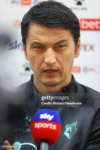 Vladimir Ivic, Manager of Watford is interviewed by the media prior to the Sky Bet Championship match between Watford and Middlesbrough at Vicarage...