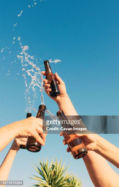 vertical shot of people lifting and tossing bottle showing of celebration - beer cheers stock-fotos und bilder