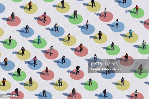 social distancing concept with many people - aerial view - social distancing line stock pictures, royalty-free photos & images