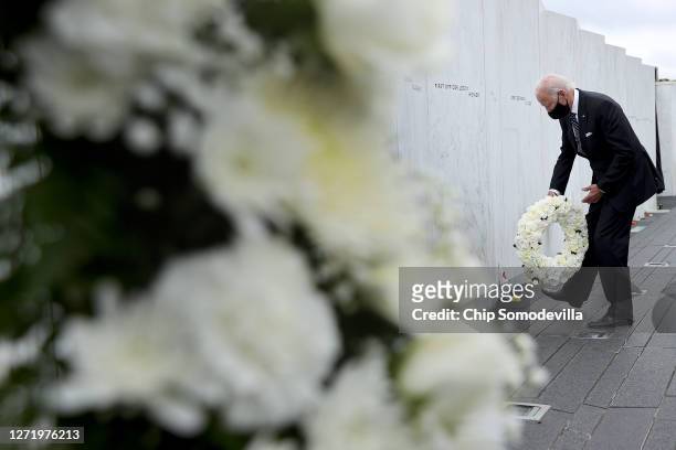 Democratic presidential nominee and former Vice President Joe Biden lays a wreath at the Flight 93 National Memorial on the 19th anniversary of the...
