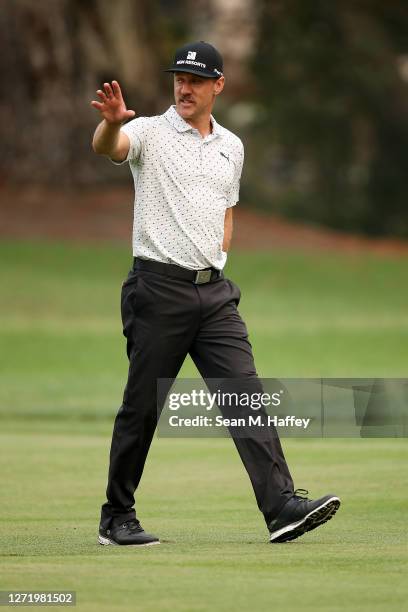 Graham DeLaet reacts on the 5th hole during round two of the Safeway Open at Silverado Resort on September 11, 2020 in Napa, California.