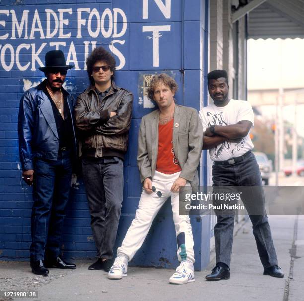 American Pop and New Wave group Was as they pose outdoors, Detroit, Michigan, September 27, 1988. Pictured are Sweet Pea Atkinson, David Was, Don...