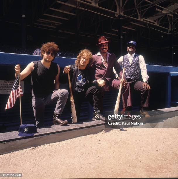 Portrait of the members of American Pop and New Wave group Was as they pose at Tiger Stadium, Detroit, Michigan, September 27, 1988. Pictured are...