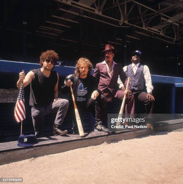 Portrait of the members of American Pop and New Wave group Was as they pose at Tiger Stadium, Detroit, Michigan, September 27, 1988. Pictured are...