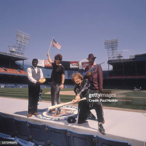 Portrait of the members of American Pop and New Wave group Was as they pose at Tiger Stadium, Detroit, Michigan, September 27, 1988. Pictured are...