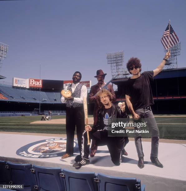 Portrait of the members of American Pop and New Wave group Was as they pose at Tiger Stadium, Detroit, Michigan, September 27, 1988. Pictured are...