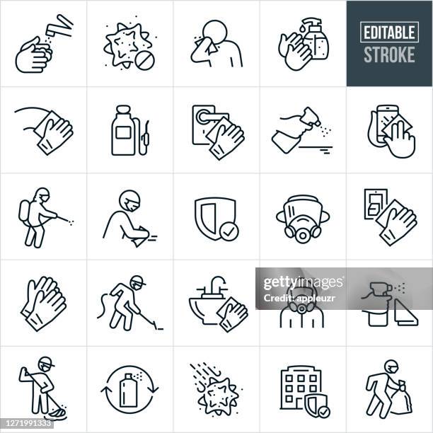 stockillustraties, clipart, cartoons en iconen met virus disenfecting en ontsmetting thin line icons - bewerkbare beroerte - niezen