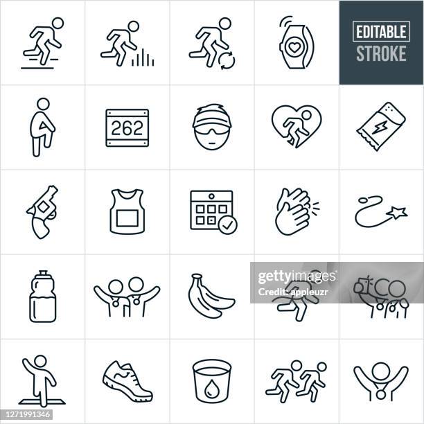 illustrazioni stock, clip art, cartoni animati e icone di tendenza di icone della linea sottile di corsa e maratona - corsa modificabile - atletica leggera