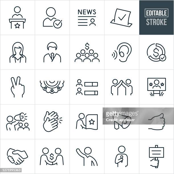 ilustraciones, imágenes clip art, dibujos animados e iconos de stock de iconos de línea fina política y electoral - trazo editable - politician