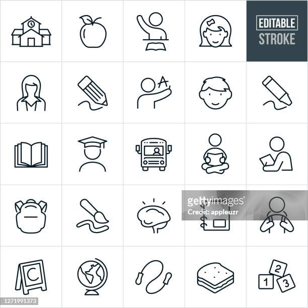 elementary education thin line icons - editable stroke - elementary school building stock illustrations