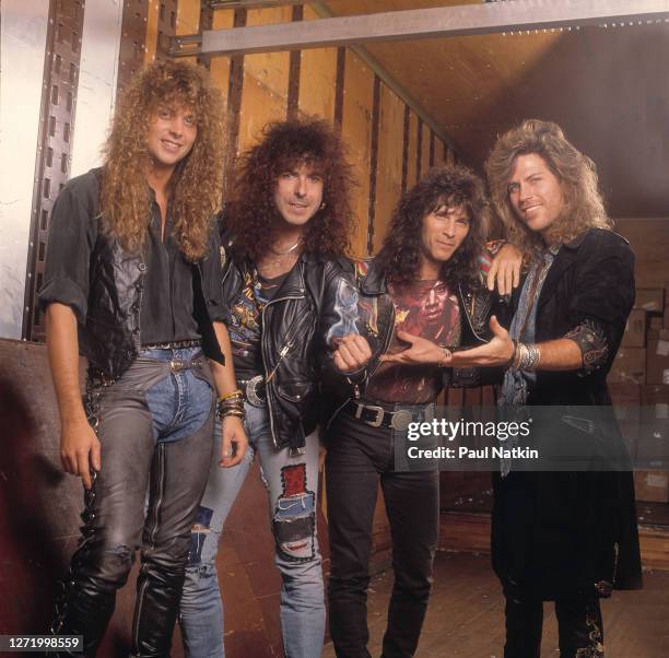 Portrait of the members of American rock group Winger as they pose backstage at the Alpine Valley Music Theater, East Troy, Wisconsin, September 27,...