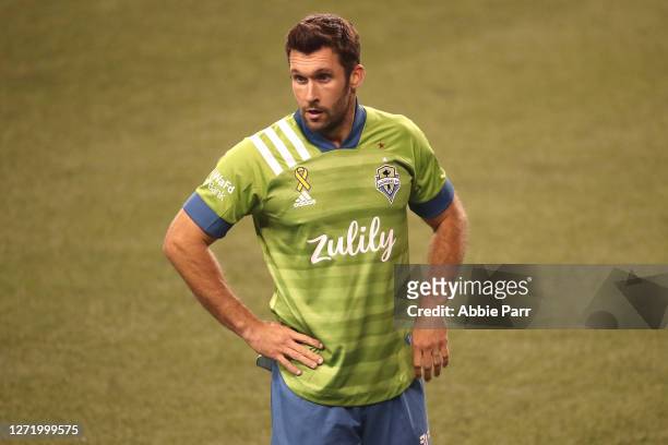 Will Bruin of Seattle Sounders reacts in the second half against the San Jose Earthquakes at CenturyLink Field on September 10, 2020 in Seattle,...