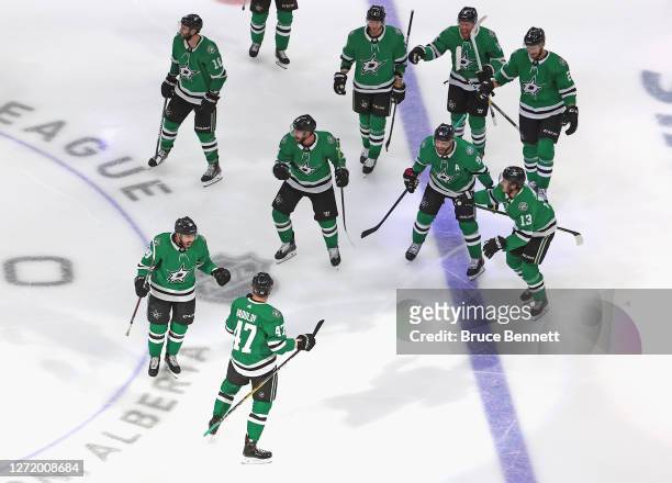 Alexander Radulov of the Dallas Stars celebrates with his teammates after scoring the game-winning goal past against the Vegas Golden Knights during...